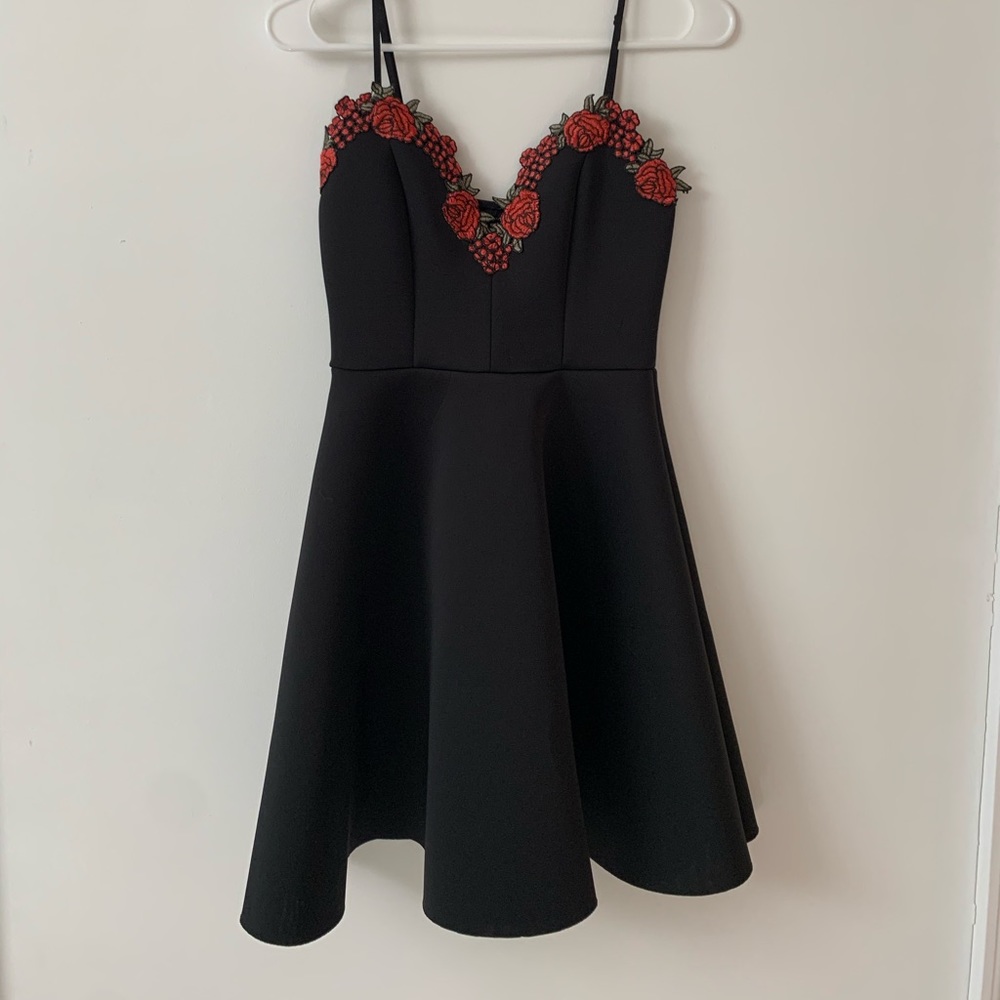 Black Skater Dress with Floral Details on Bodice